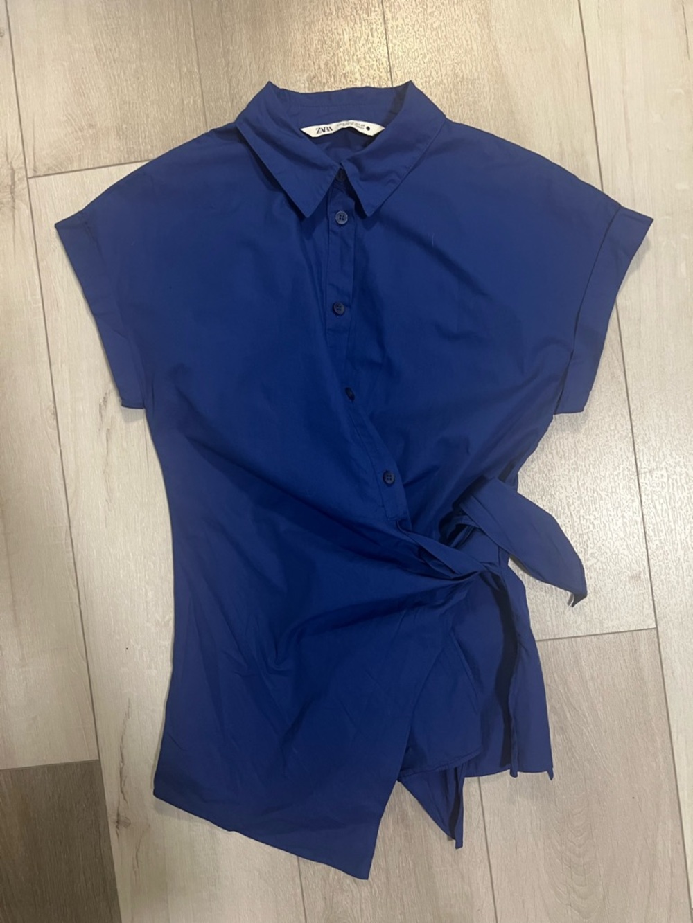 Zara Royal Blue Short-Sleeve Button-Down Tie-Waist Shirt